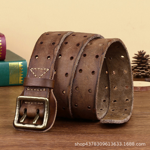 Hot belts luxe marque belt cowskin genuine leather Brass copper double needle buckle young men's belt brand new style cowboy ► Photo 1/6