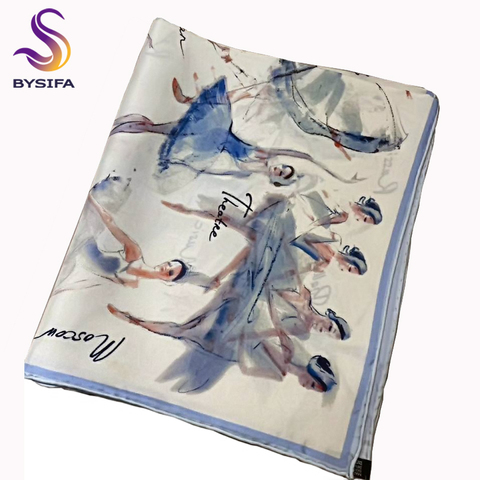 [BYSIFA] New Elegant Blue White Silk Scarf Summer Fashion Ballet Girl Pattern Pure Silk Square Scarves Head Accessories 70*70cm ► Photo 1/6