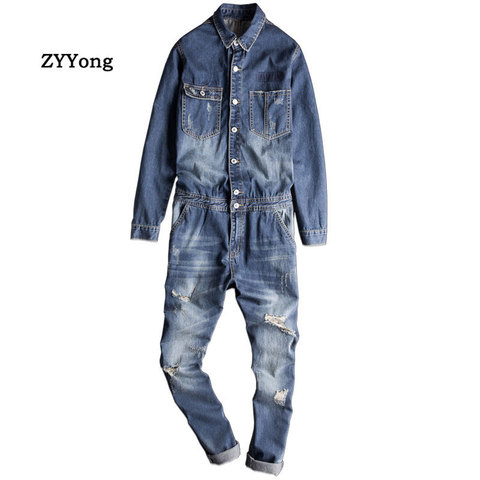 Men Denim Jumpsuits Long Sleeve Lapel Retro Motorcycle Style Hole Ripped Jeans Blue Overalls Hip Hop Cargo Pants Casual Trousers ► Photo 1/6