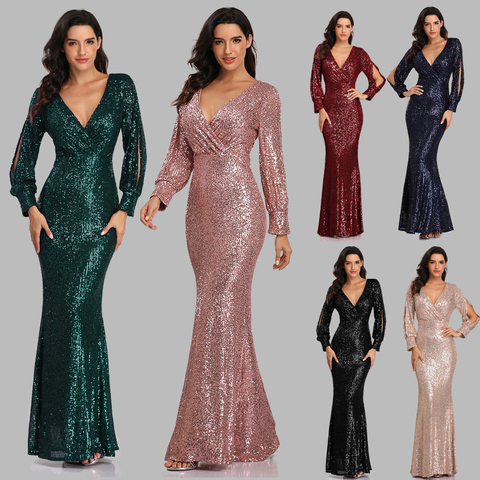 New Sexy V Neck Mermaid Evening Dress Long Formal Prom Party Gown Full Sequins long Sleeve Galadress Vestidos Occassion Dresses ► Photo 1/6