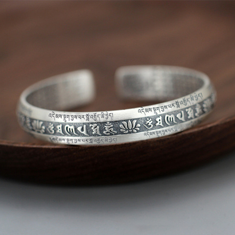 Real 999 Pure Silver Cuff Bangle Engraved Heart Sutra Six-character Mantra Retro Lovers Men's and Women's Bracelets Open Type ► Photo 1/5