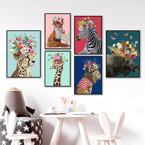 Colorful Leopard Giraffe Lion Fox Flower Crown Wall Art Canvas Painting Nordic Posters And Prints Wall Pictures Kids Room Decor ► Photo 1/6