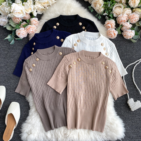Short Sleeve O-neck High Quality Sweater Shirts With Decorated Buttons Girls Stretchy Crop Tops Sweaters Pullovers For Women ► Photo 1/6