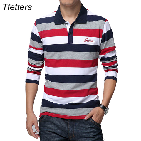 TFETTERS Autumn Men's T-shirt Stripe Pattern Letters Print Long Sleeved T-shirt Turn-down Collar Shirt T-shirt Big Size M - 5XL ► Photo 1/6