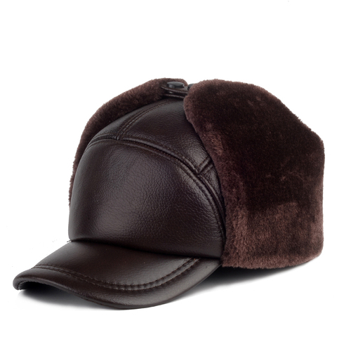 New Winter Men's Genuine Leather Hat Thicken Warm Cowhide Leather Baseball Caps With Ears Dad's Hats Snapback ► Photo 1/5