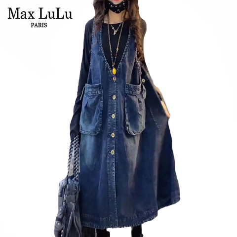 Max LuLu European New Designer Spring Womens Denim Sleeveless Dresses Ladies Vintage V-Neck Vestidos Female Oversized Streetwear ► Photo 1/6