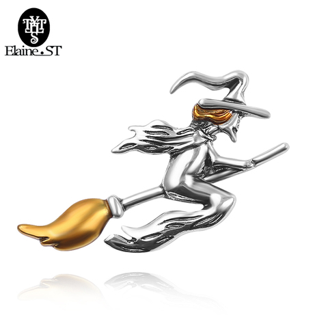 Hot Unique Metal Witch Riding A Broom in Flight Painted Yellow Oil With Hat Brooch Magical Halloween Silver Color Gift Jewelry ► Photo 1/6