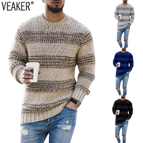 2022 New Men's Autumn Striped Sweaters Pullovers Male Casual High Street  O-Neck Long Knitted Sweater Knitwear ► Photo 1/5