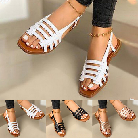 Flat Sandals Ladies Summer Outdoor Fashion Leather Flat Shoes Round Toe Elegent Slipper Adjustable Buckle Strap Casual sandals ► Photo 1/6