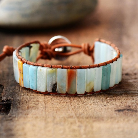 New Bohemia Bracelet Amazonite Single Vintage Leather Wrap Bracelet Semi Precious Stone Beaded Cuff Bracelet Dropshipping ► Photo 1/6