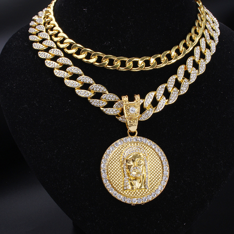 Men Full Iced Out Miami Curb Cuban Chain & Round Jesus Head Pendant Hip Hop Rapper Gold Necklace Religious Jewelry Set ► Photo 1/6
