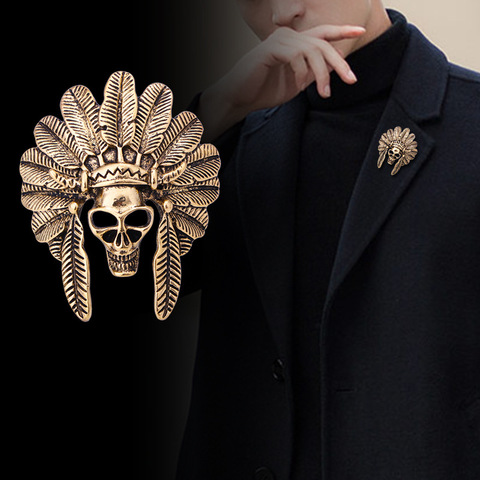 Vintage Skull Mask Brooch Metal Feather Lapel Pin Suit Shirt Corsage Badge Brooches Gifts for Men Fashion Jewelry Accessories ► Photo 1/6