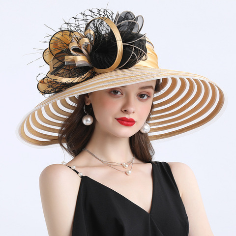 Elegant Women Feather Flower Striped Kentucky Derby Hat 16cm Wide Brim Church Dress Sun Hat Lady Summer Beach Party Wedding Hat ► Photo 1/6