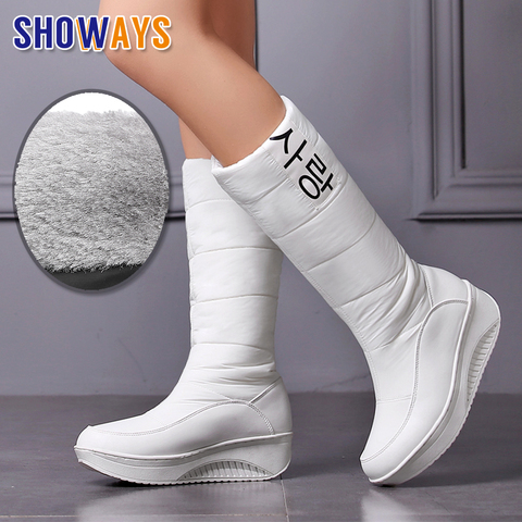 2022 Winter Women Snow Boots Platform Wedge Med Heels Round Toe Black White Down Plush Casual Travel Lady Slip-on Mid-calf Boots ► Photo 1/6