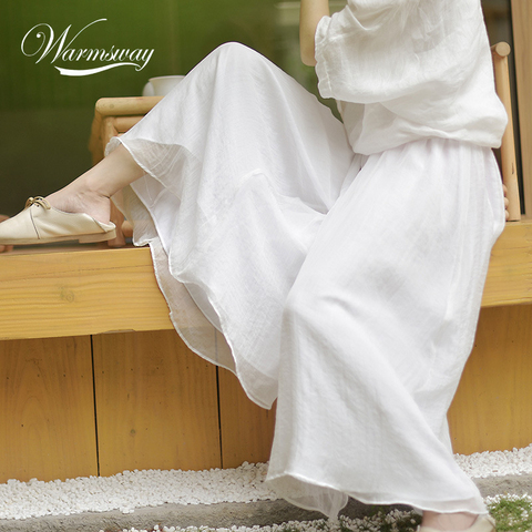 Women Elegant Solid Cotton Pants Korean Summer Retro High Waist Two Layer Wide Leg Pant Long Boho Trousers Female C-473 ► Photo 1/6