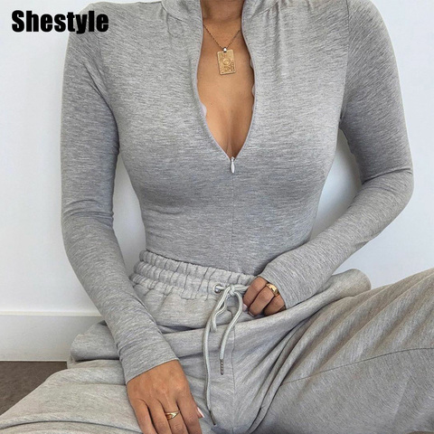 Shestyle Solid Zipper Bodycon Bodysuits Women Sexy Mock Neck Autumn Long Sleeve Fashion Slim Basic Body Winter Gray Outfits Lady ► Photo 1/6