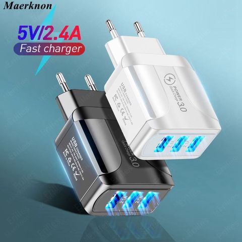 Quick Charge 3.0 USB Charger Adapter for iPhone 11 Pro Max Xiaomi EU Plug 3 Ports USB QC3.0 Fast Charging Mobile Phone Charger ► Photo 1/6