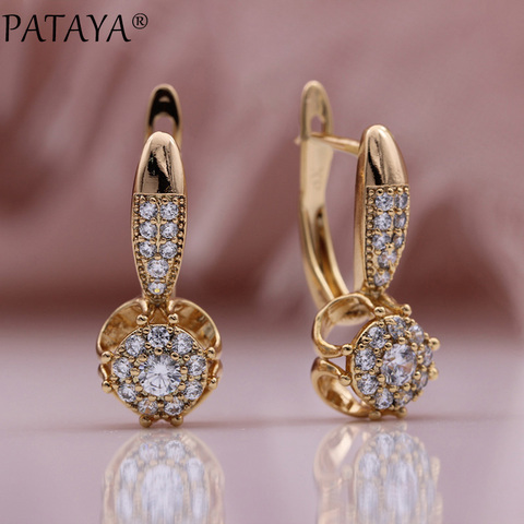 PATAYA New 585 Rose Gold Luxury Dangle Earrings Women Weeding Fashion Jewelry Round Natural Zircon Hollow Flower Long Earrings ► Photo 1/6