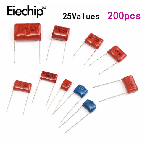 200pcs 630V 0.001uf - 2.2uf Metal Film Capacitors Assortment Kit 25Values High Frequency Capacitor Set 0.1uf 0.22uf 0.33uf 1uf ► Photo 1/1