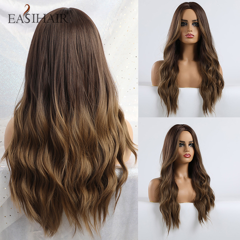 EASIHAIR Long Black to Brown Ombre Wigs Synthetic Wigs For Black/White Women Glueless Wavy Cosplay Wigs Heat Resistant Daily Wig ► Photo 1/6