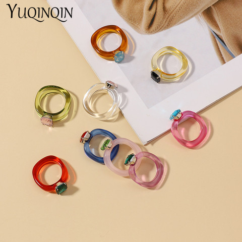 Fashion Acrylic Colorful Rectangle Rhinestone Rings for Women Big Transparent Finger Ring Girls Vintage Female Beautiful Jewelry ► Photo 1/6
