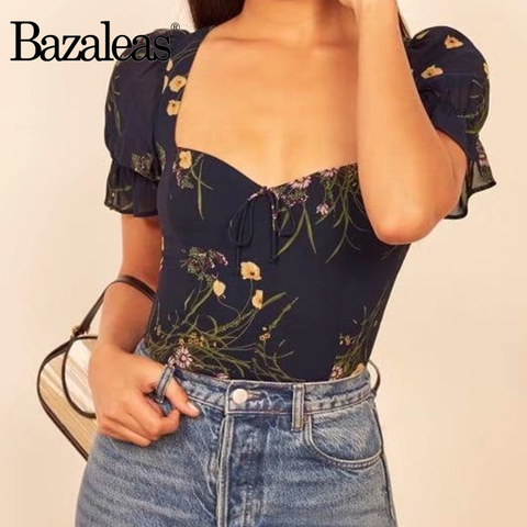 Bazaleas Vintage Slim Elastic Tops France Floral Print Navy Women blouse Elegant blusas mujer de moda 2022 ► Photo 1/6