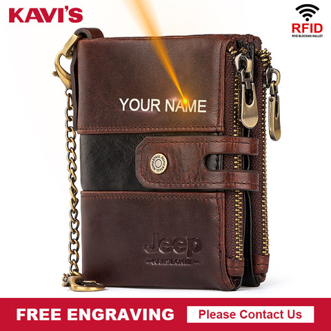 KAVIS Free Engraving Genuine Leather Men Wallet Double Zipper Coin Purse Small Mini Card Holder Portomonee Male Walet Pocket New ► Photo 1/1