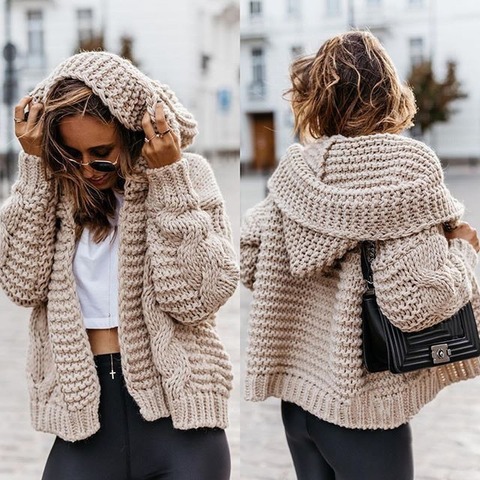 Solid Cardigan Knitted Outerwear Casual Winter Fashionable Hooded Sweaters 2022 Women Knitwears Autumn Womens Sweaters ► Photo 1/5