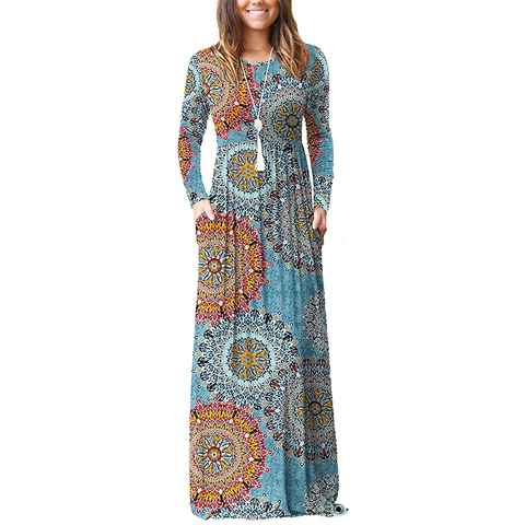 GULE GULE Women's Long Sleeve Round Neck Loose Plain Floral Empire Waist Pleated Maxi Casual Long Dresses with Pockets ► Photo 1/3