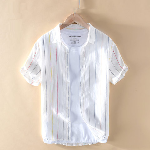 100% Linen Striped Shirts Short Sleeve Casual Turn-down Collar Shirts Man Fashion Breathable Tops Men's Clothing Y2719 ► Photo 1/5