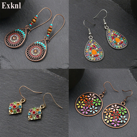 Exknl Fashion Vintage Drop Earrings For Women Alloy Crystal Ethnic Beads Boho Flower Earrings Colorful Dangle Earrings Jewelry ► Photo 1/6