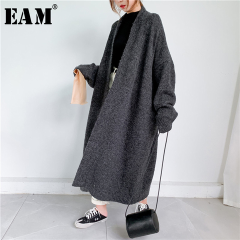 [EAM] Gray Big Size Thick Knitting Cardigan Sweater Loose Fit V-Neck Long Sleeve Women New Fashion Tide Autumn Winter 2022 1Y163 ► Photo 1/6