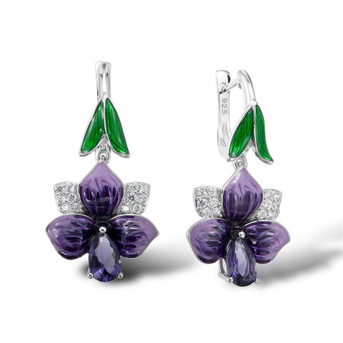 Classic Silver Flower Petal Handmade Enamel Dangle Earrings for Women Dark Purple Zircon Leaf Pendant Earrings Vintage Jewelry ► Photo 1/5