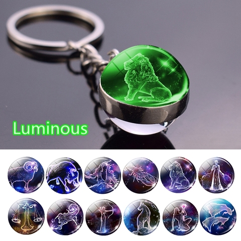 12 Constellation Luminous Keychain Glass Ball Pendant Zodiac Keychain Glow In The Dark Key Chain Holder Men Women Birthday Gift ► Photo 1/6