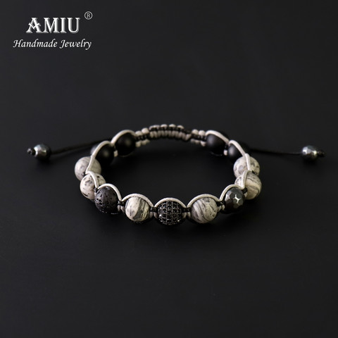 AMIU Handcrafted Men's Natural Stone Bead Bracelet Faceted Hematite Bead Wax Cord Black Shamballa Beads Bracelet ► Photo 1/5