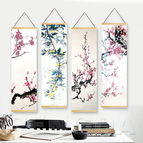 Nordic Wall Art Canvas Pictures Plum Blossom Landscape Poster Wooden Scroll Hanging Painting Printed Home Living Room Decoration ► Photo 1/5