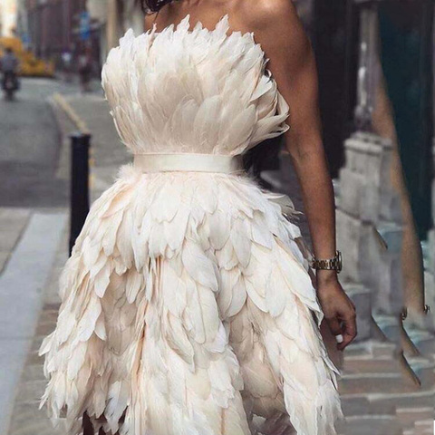 MYYBLE Sexy Strapless Off the Shoulder Sleeveless Feather Mini Length Short Prom Dresses Party Gown ► Photo 1/6