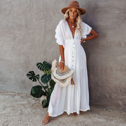 Women Swimsuit Cover Ups Mandarin Sleeve Kaftan Beach Tunic Dress Robe De Plage Solid White Pareo Beach Cover-ups ► Photo 1/1