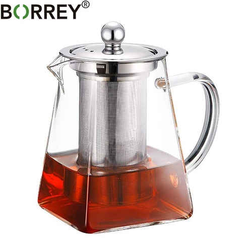 BORREY Square Heat Resistant Glass Teapot With Stainless Steel Infuser Filter Puer Tea Kettle Clear Glass Tea Pot Cup Tea Sets ► Photo 1/6