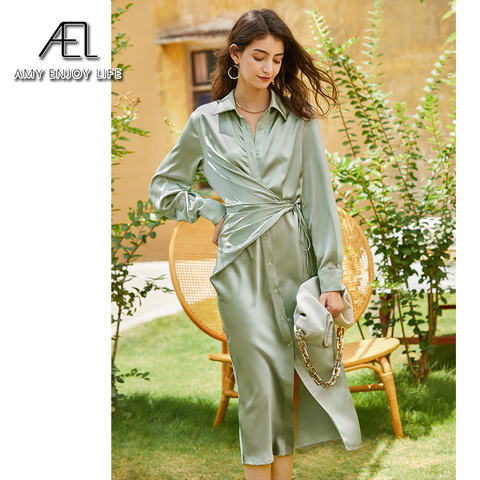 AEL lace up satin robe dress casual loose ladies Single breasted long shirt dress ► Photo 1/6