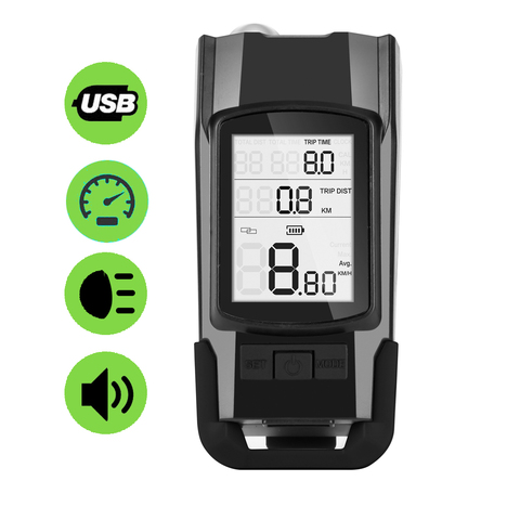 Waterproof Bike Computer Integrated 800LM Headlight 120DB Speaker Horn 3 in 1 Wireless Cycling Bicycle Odometer Speedometer ► Photo 1/6