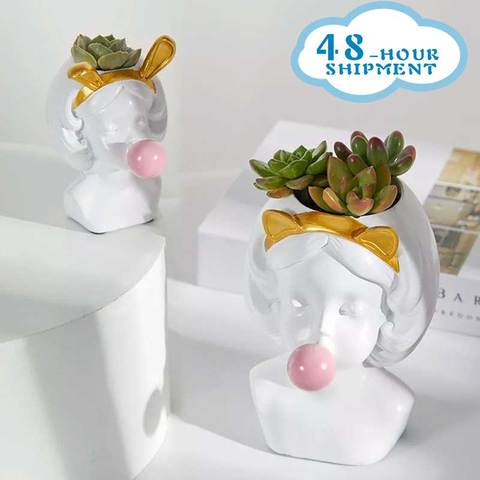 2022 Nordic Style Resin Vase Cute Girl Human Head Bubble Gum Decorative Flower Pot Modern Lovely Art decoration Flower Creative ► Photo 1/6