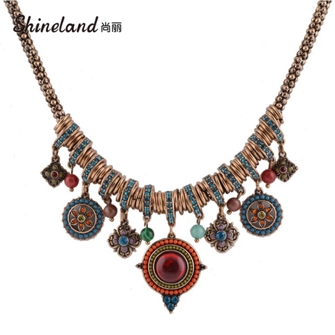 Vintage Bohemia Style Fashion Jewelry Gold-color Round Shape Colorful Resin Stone&Beads Pendants Statement Necklace for Women ► Photo 1/6
