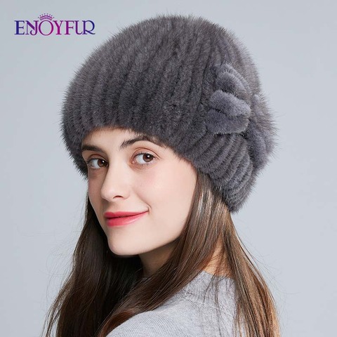 ENJOYFUR natural mink fur hats for women winter high quality knitted fur caps thick warm Russian female hat ► Photo 1/6