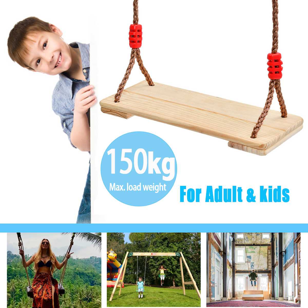 Children Swing Wooden Toy Indoor Outdoor Playhouse Rope Garden Kids Adults 150kg 