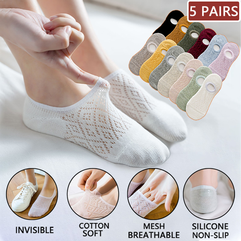 1/5Pairs Women Cotton Boat Socks Invisible Silicone No Show Non-slip Ankle  Socks