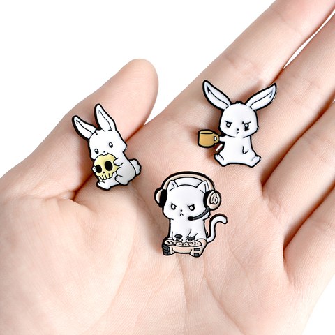 Lovely Rabbit Skull Enamel Brooches Cute Cup Animals headset Lapel Pin Clothing Hat Coat Accessories Gift ► Photo 1/6