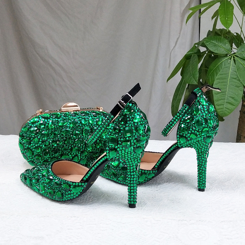 BaoYaFang 2022 NEW ARRIVE Green Crystal Wedding Shoes Woman Thin Heel Pointed Toe Bridal Party Dress Shoe Big Size High Pumps ► Photo 1/6