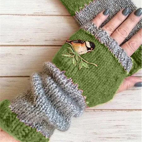 Embroidery Birds Gloves Cotton Fingerless Glove for Women Knitted Block Splice Mittens Womens Girls Gloves Without Fingers ► Photo 1/6