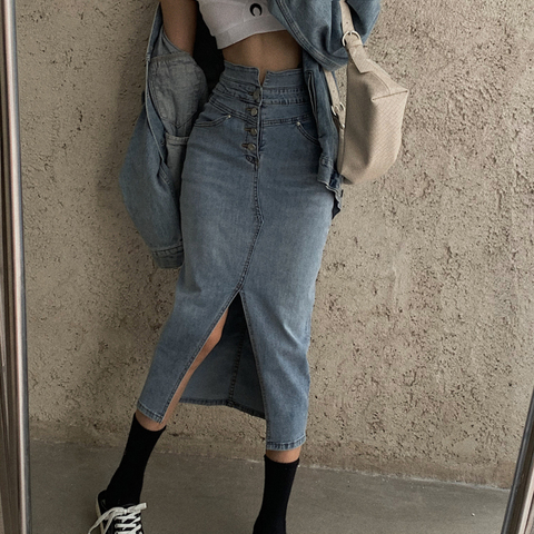 Vintage Slim Skirts Women Autumn Stretch Front Slit Mid-length Denim Skirt Female High Waist Denim Skirt Chic Streetwear Saia ► Photo 1/6